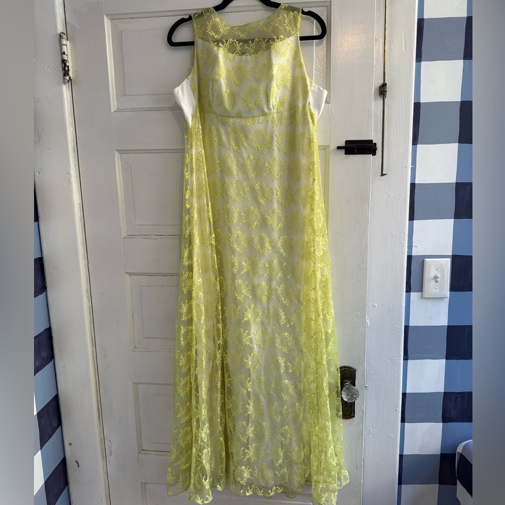 Vintage Yellow lace dress with green satin bow in back